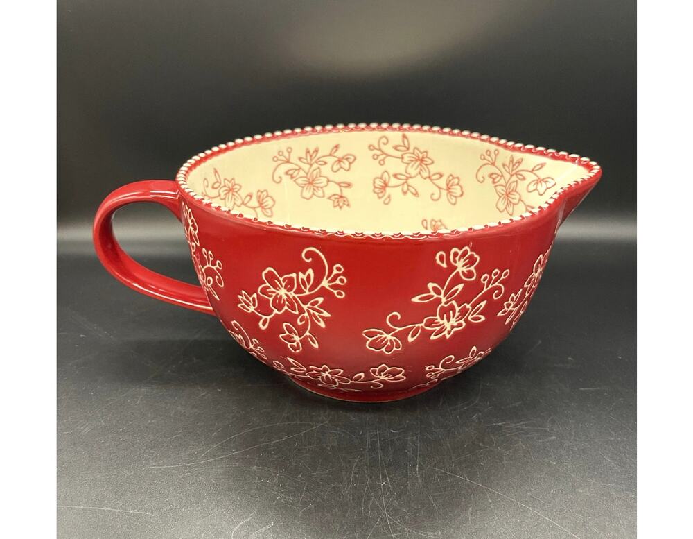 Temptations Red & White Floral Lace Embossed 2 Qt Batter Bowl 9" x 5" Tall
